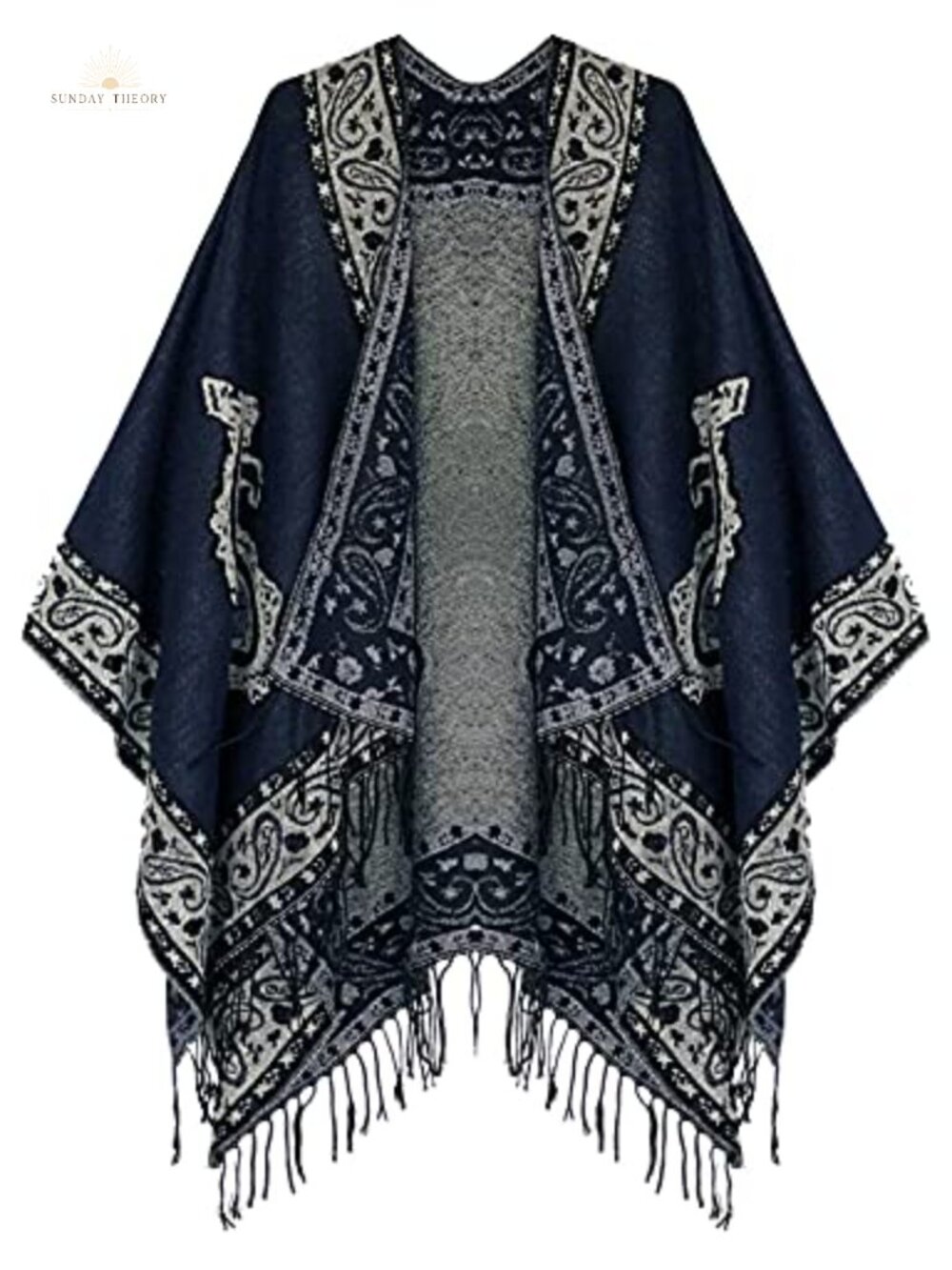 Retro Vintage Pattern Tassel Poncho Shawl Cape Wrap Women